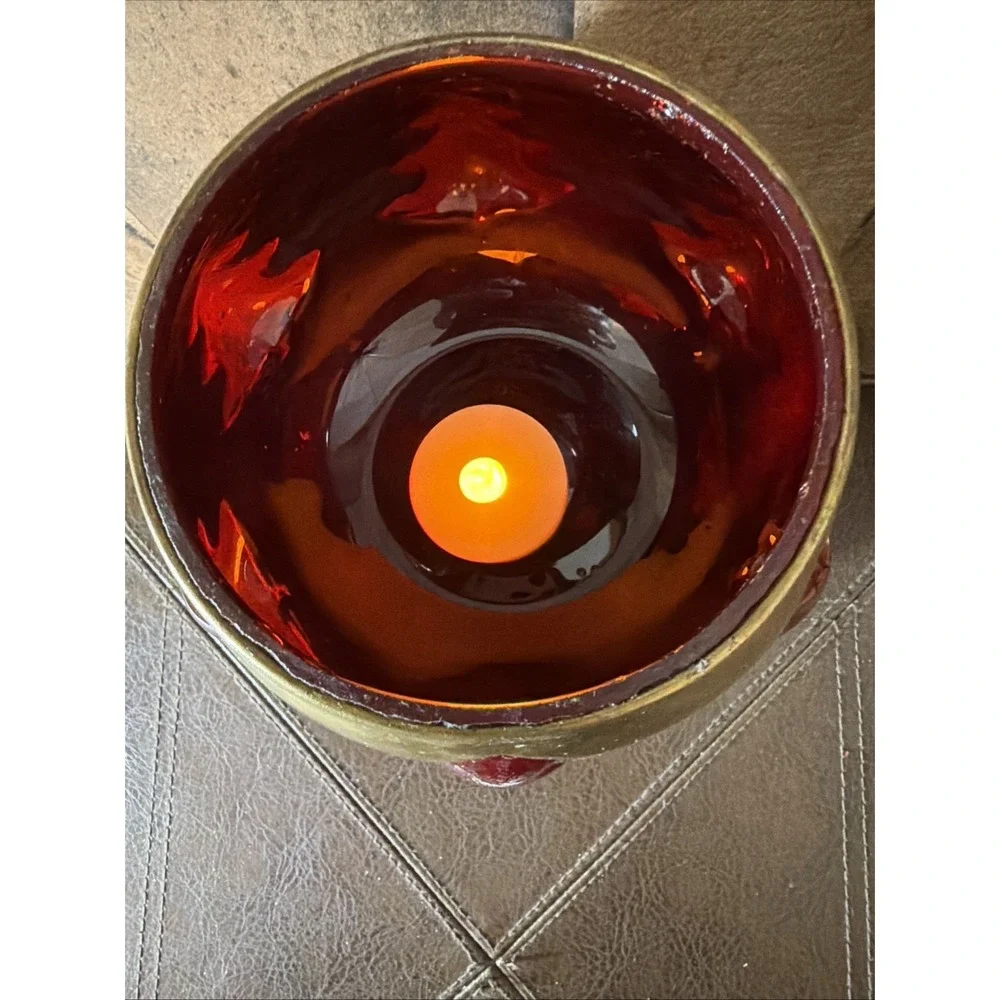 Vintage‎ Brass Ruby Red Glass Christmas Tree Votive Candle Holder Bowl 5.5